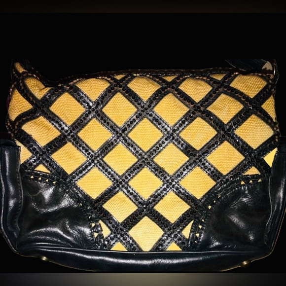 Isabella Fiore Star Safari Tula Crisscross Lattice Tan Black Bead Purse Handbag - Picture 3 of 12